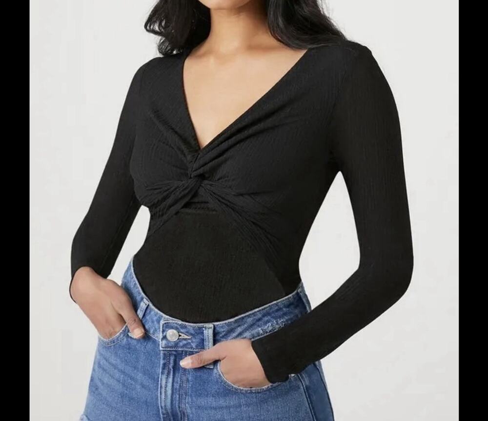 Bodysuit One Piece Top 90s Y2k Quiet Luxury Black V-neck Twist Ballet Forever 21